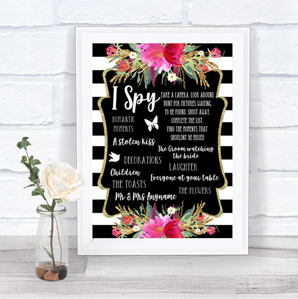 Black & White Stripes Pink I Spy Disposable Camera Personalized Wedding Sign