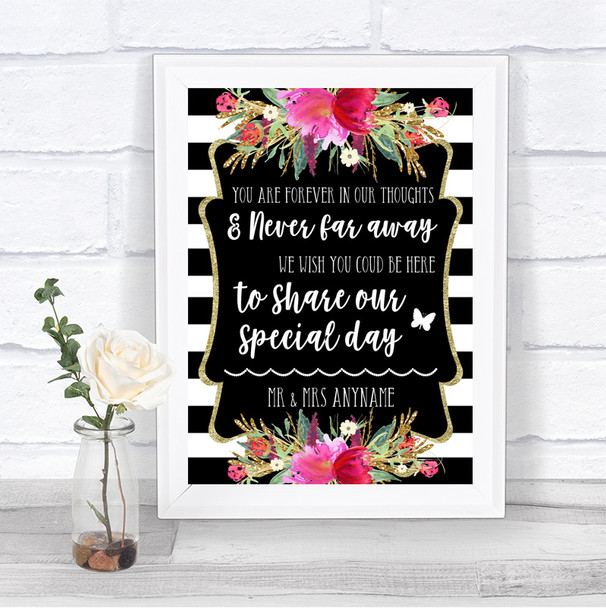 Black & White Stripes Pink In Our Thoughts Personalized Wedding Sign