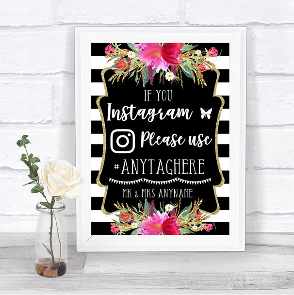 Black & White Stripes Pink Instagram Hashtag Personalized Wedding Sign