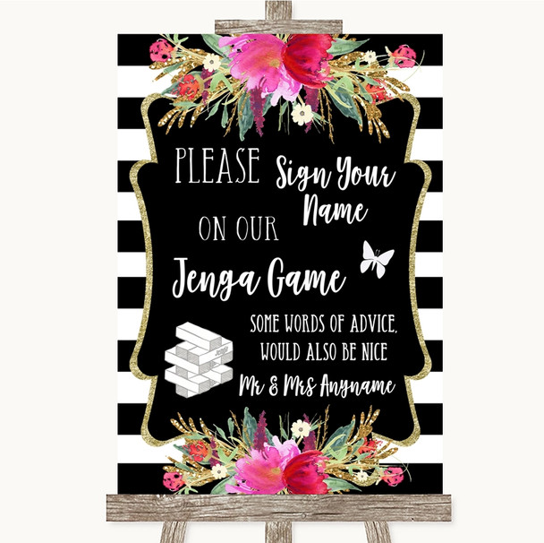 Black & White Stripes Pink Jenga Guest Book Personalized Wedding Sign