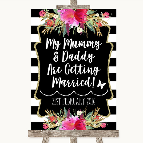 Black & White Stripes Pink Mummy Daddy Getting Married Personalized Wedding Sign