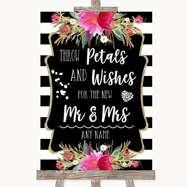 Black & White Stripes Pink Petals Wishes Confetti Personalized Wedding Sign