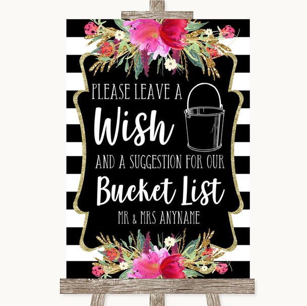 Black & White Stripes Pink Bucket List Personalized Wedding Sign