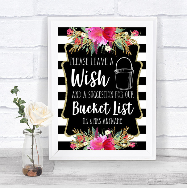 Black & White Stripes Pink Bucket List Personalized Wedding Sign