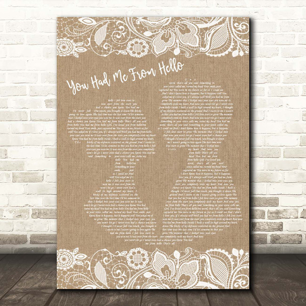 Kenny Chesney You Had Me From Hello Burlap & Lace Song Lyric Print