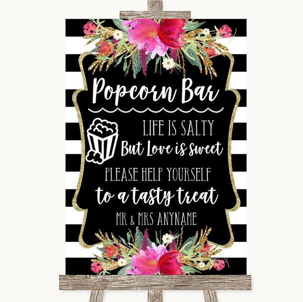 Black & White Stripes Pink Popcorn Bar Personalized Wedding Sign