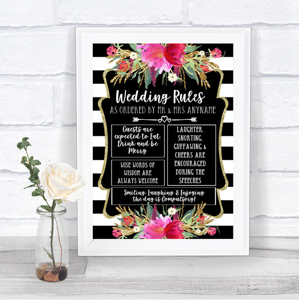 Black & White Stripes Pink Rules Of The Wedding Personalized Wedding Sign