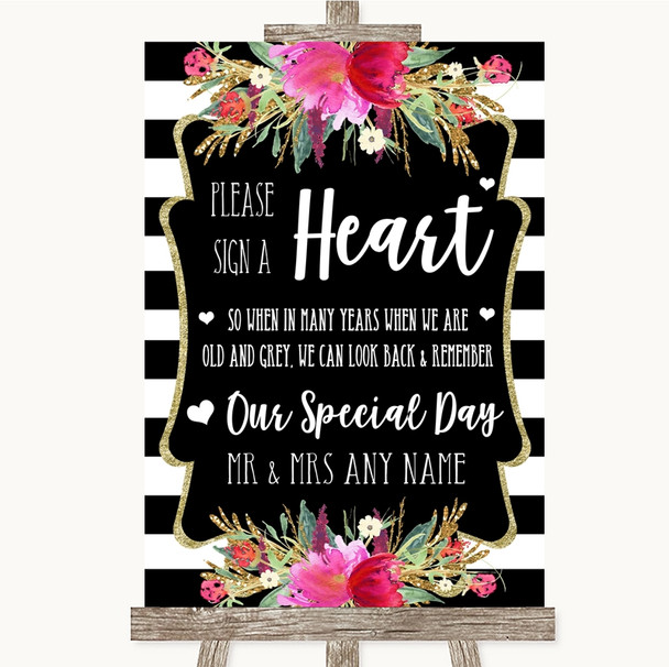 Black & White Stripes Pink Sign a Heart Personalized Wedding Sign