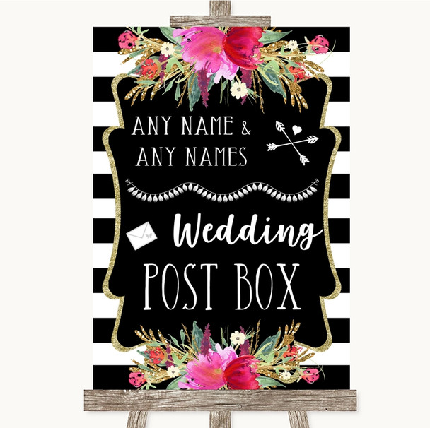 Black & White Stripes Pink Card Post Box Personalized Wedding Sign