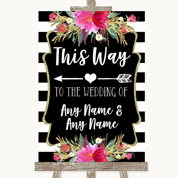 Black & White Stripes Pink This Way Arrow Left Personalized Wedding Sign