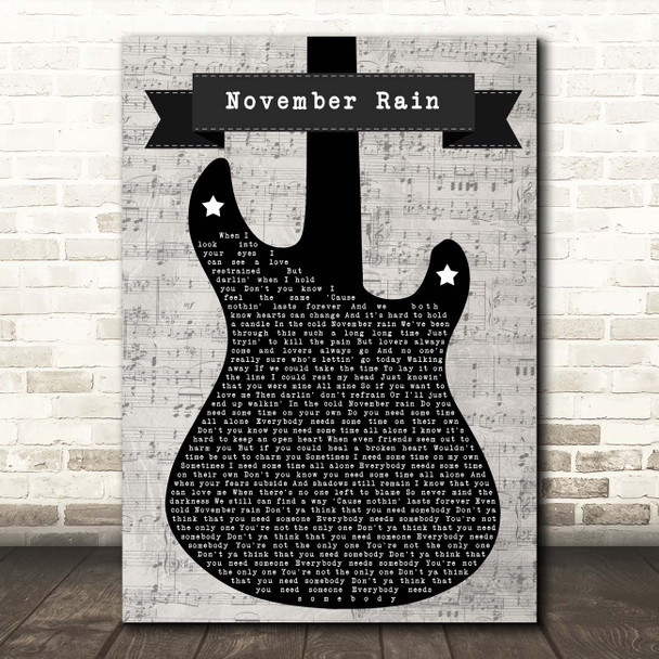 Guns N' Roses November Rain Electric Guitar Music Script Song Lyric Print