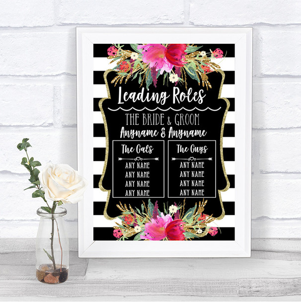 Black & White Stripes Pink Who's Who Leading Roles Personalized Wedding Sign