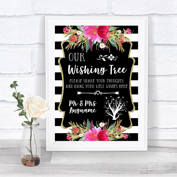 Black & White Stripes Pink Wishing Tree Personalized Wedding Sign