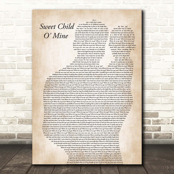 Guns N Roses Sweet Child O' Mine Father & Baby Song Lyric Print