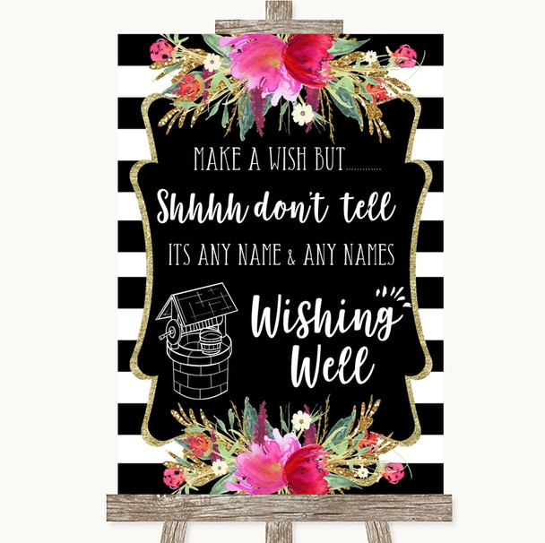 Black & White Stripes Pink Wishing Well Message Personalized Wedding Sign