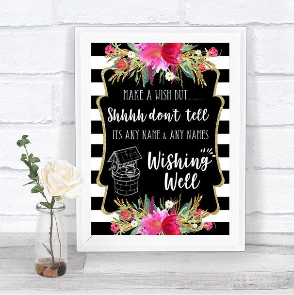 Black & White Stripes Pink Wishing Well Message Personalized Wedding Sign