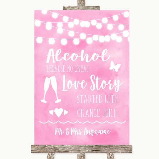 Baby Pink Watercolour Lights Alcohol Bar Love Story Personalized Wedding Sign