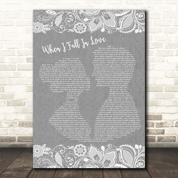 Nat King Cole When I Fall In Love Grey Burlap & Lace Song Lyric Print