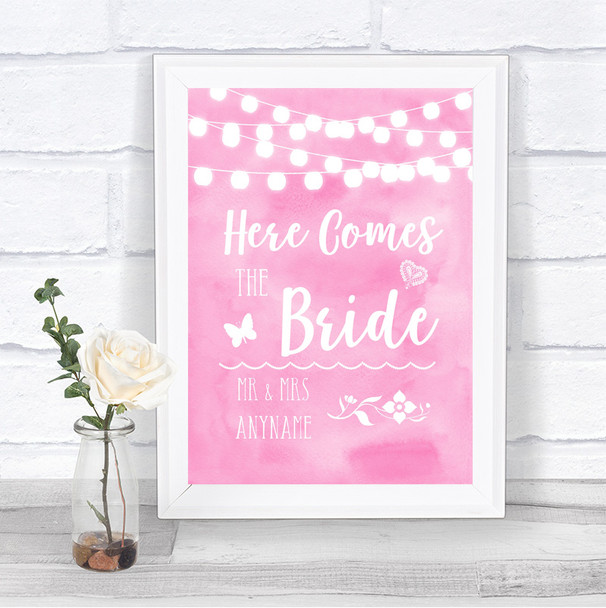 Baby Pink Watercolour Lights Here Comes Bride Aisle Personalized Wedding Sign