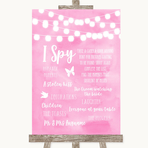 Baby Pink Watercolour Lights I Spy Disposable Camera Personalized Wedding Sign