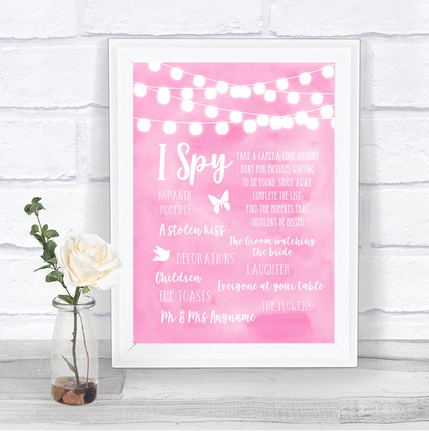 Baby Pink Watercolour Lights I Spy Disposable Camera Personalized Wedding Sign