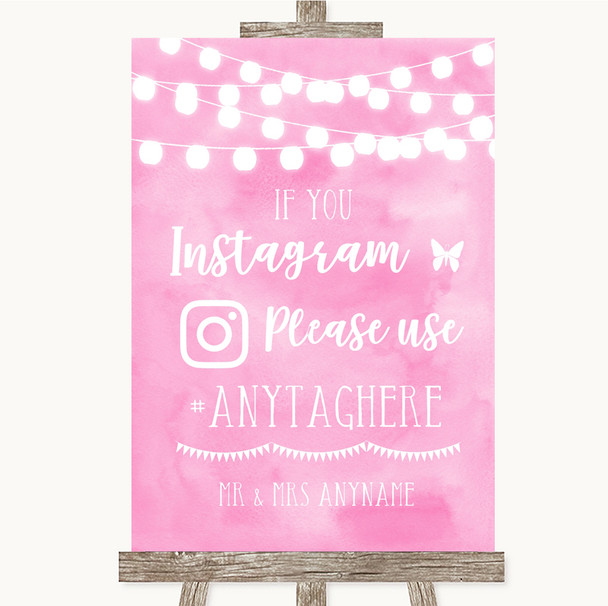 Baby Pink Watercolour Lights Instagram Hashtag Personalized Wedding Sign