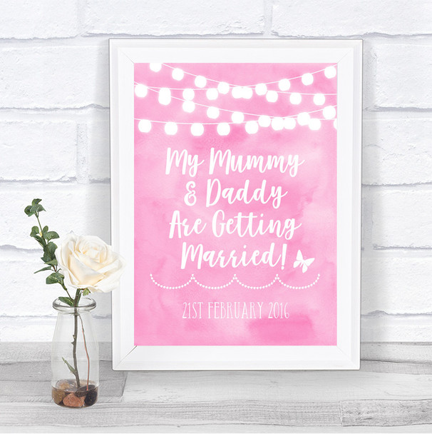 Baby Pink Watercolour Lights Mummy Daddy Getting Married Wedding Sign