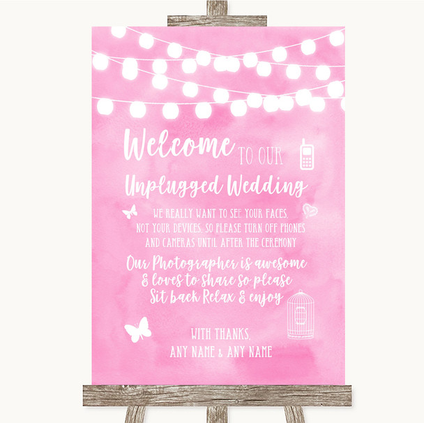 Baby Pink Watercolour Lights No Phone Camera Unplugged Personalized Wedding Sign