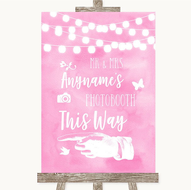 Baby Pink Watercolour Lights Photobooth This Way Left Personalized Wedding Sign
