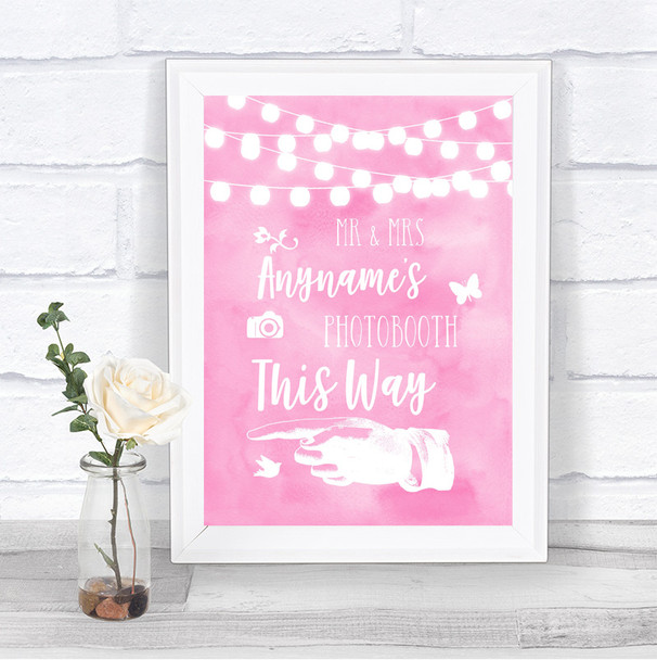 Baby Pink Watercolour Lights Photobooth This Way Left Personalized Wedding Sign