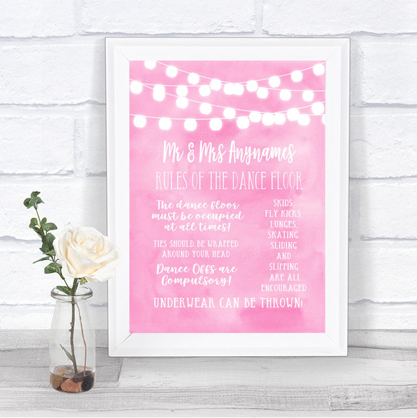 Baby Pink Watercolour Lights Rules Of The Dance Floor Personalized Wedding Sign