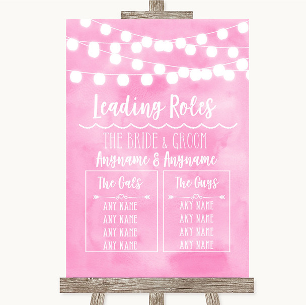 Baby Pink Watercolour Lights Who's Who Leading Roles Personalized Wedding Sign