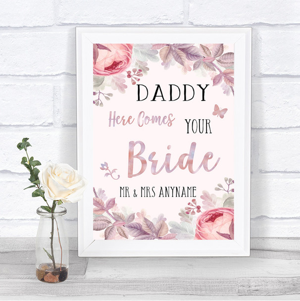 Blush Rose Gold & Lilac Daddy Here Comes Your Bride Personalized Wedding Sign