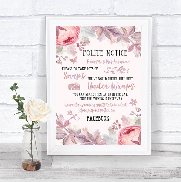 Blush Rose Gold & Lilac Don't Post Photos Facebook Personalized Wedding Sign