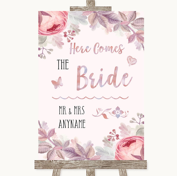 Blush Rose Gold & Lilac Here Comes Bride Aisle Personalized Wedding Sign