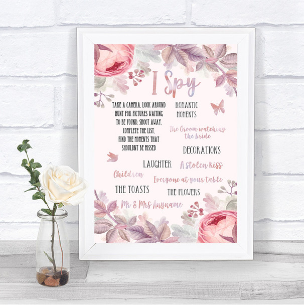 Blush Rose Gold & Lilac I Spy Disposable Camera Personalized Wedding Sign