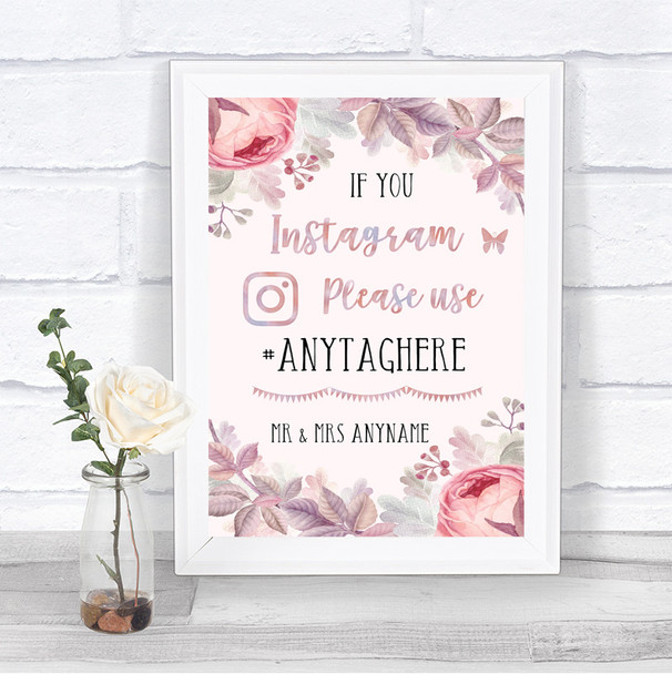 Blush Rose Gold & Lilac Instagram Hashtag Personalized Wedding Sign