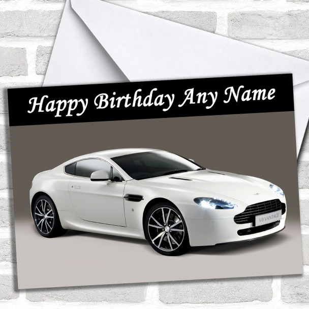 White Aston Martin Vantage V Personalized Birthday Card