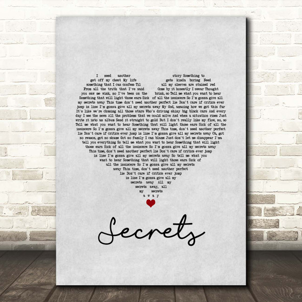 OneRepublic Secrets Grey Heart Song Lyric Print