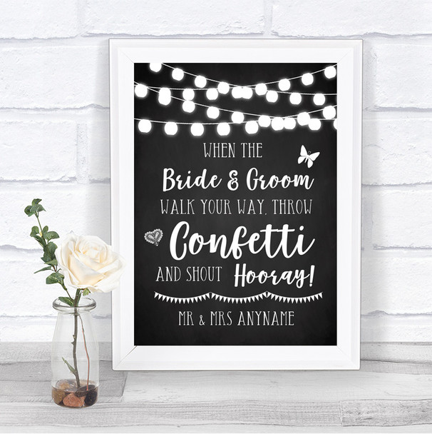 Chalk Style Black & White Lights Confetti Personalized Wedding Sign