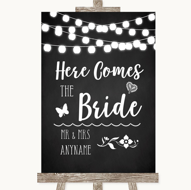 Chalk Style Black & White Lights Here Comes Bride Aisle Wedding Sign