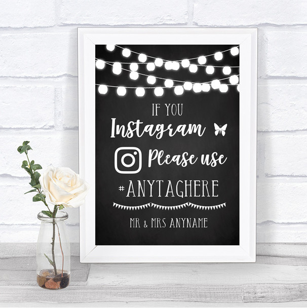 Chalk Style Black & White Lights Instagram Hashtag Personalized Wedding Sign