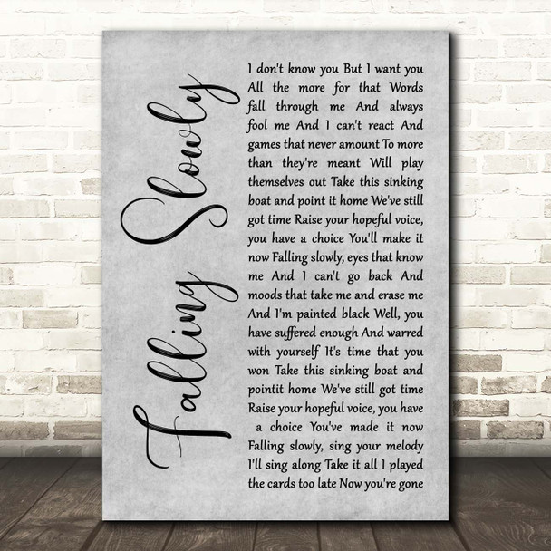 Glen Hansard, Marketa Irglova Falling Slowly Grey Rustic Script Song Lyric Print