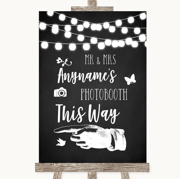 Chalk Style Black & White Lights Photobooth This Way Left Wedding Sign