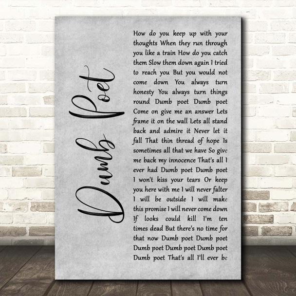 Immaculate Fools Dumb Poet Grey Rustic Script Song Lyric Print