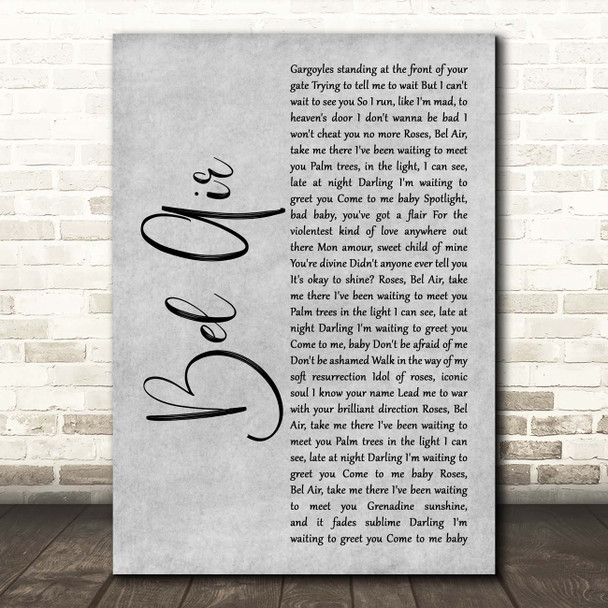 Lana Del Rey Bel Air Grey Rustic Script Song Lyric Print