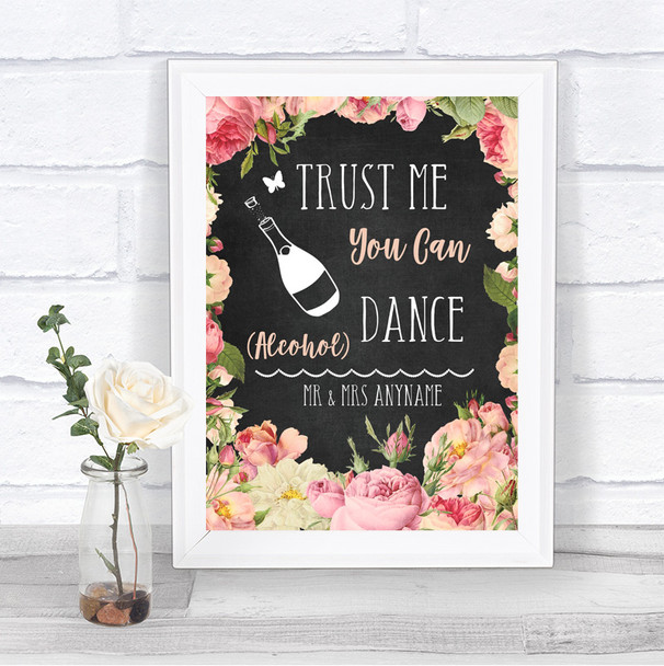 Chalkboard Style Pink Roses Alcohol Says You Can Dance Personalized Wedding Sign