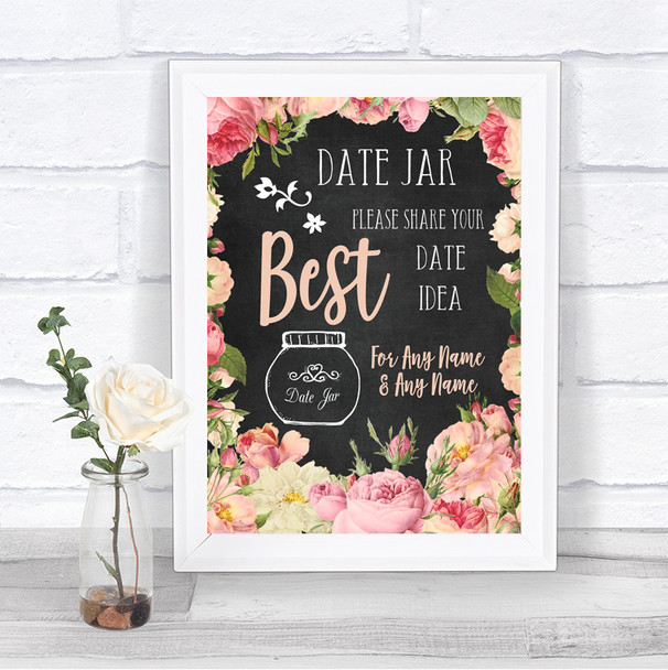 Chalkboard Style Pink Roses Date Jar Guestbook Personalized Wedding Sign