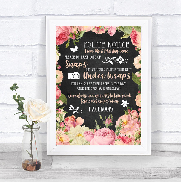 Chalkboard Style Pink Roses Don't Post Photos Facebook Personalized Wedding Sign