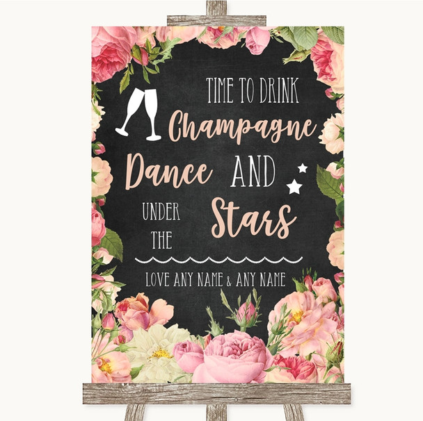 Chalkboard Style Pink Roses Drink Champagne Dance Stars Wedding Sign